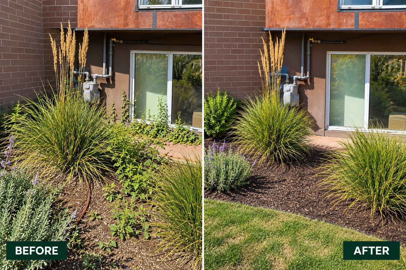 Commercial office building with manicured landscaping being mowed